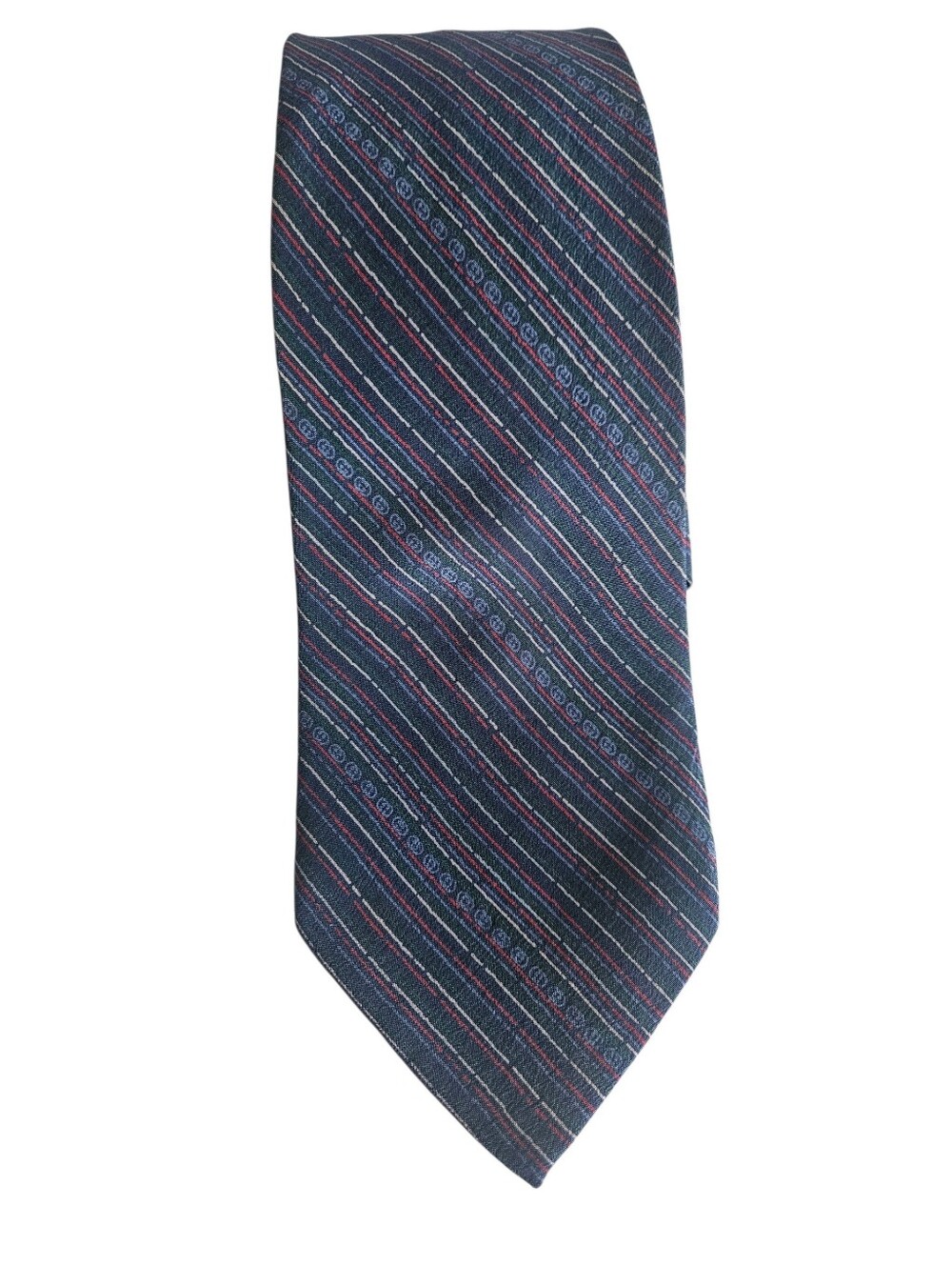 GUCCI 80s Vintage 100% Silk Striped Blue Red Jacquard Crest Logo Tie